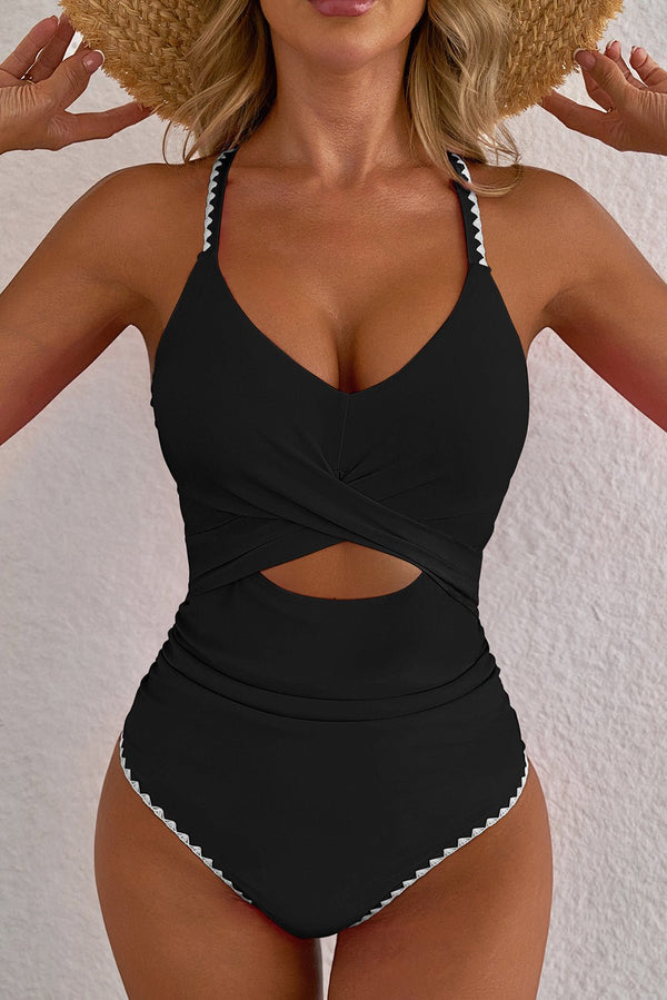 Women's Black Wrap Cutout One-Piece Swimsuit with Contrast Trim
