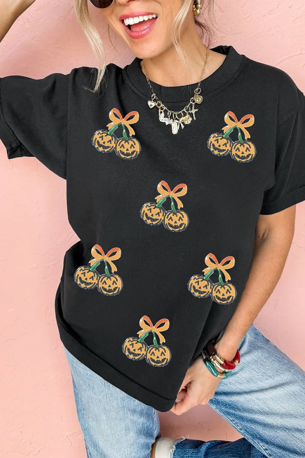 Women's Black Sequin Pumpkin Cherry Graphic Tee