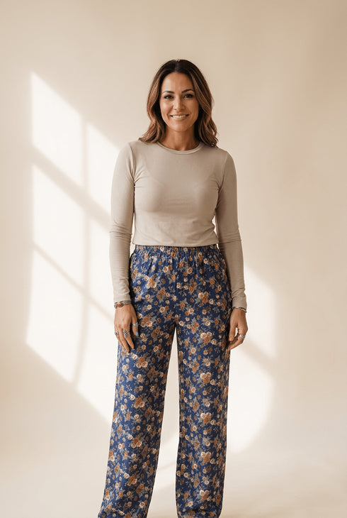 Women's Vintage Blue Floral Wide-Leg Jeans with Elastic Waist