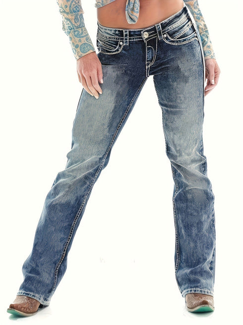 Vintage Ivory Top-Stitching Mid-Rise Boot Cut Denim Jeans