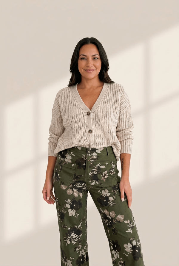 Women's Vintage Olive Floral Straight Leg Jeans with Utility Pockets