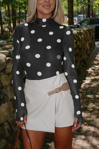 Women's Vintage Polka Dot Mock Neck Mesh Bodysuit in Black