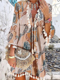 Women's Vintage Print V-Neck Fringe Dress in Blouses & Shirts with versatile layering silhouettes