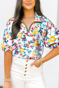 Women's Viscose-Blend Floral Puff Sleeve Blouse with Split V-Neck, floral, photo 2