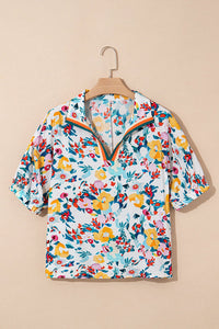 Women's Viscose-Blend Floral Puff Sleeve Blouse with Split V-Neck, floral, photo 4