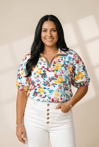 Women's Viscose-Blend Floral Puff Sleeve Blouse with Split V-Neck