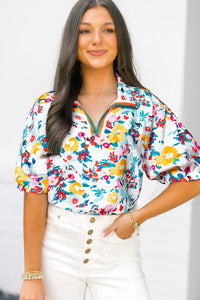Women's Viscose-Blend Floral Puff Sleeve Blouse with Split V-Neck, floral, photo 3