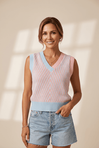 Women's Viscose Chevron Knit V-Neck Sweater Vest in Pastel