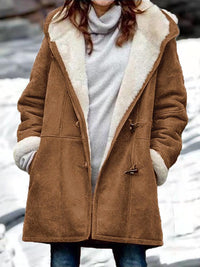 Warm and Stylish Plush Horn Button Hooded Coat with Pockets