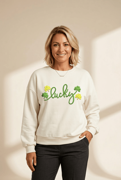 Women's White 3D Puff Lucky Clover Crewneck Sweatshirt