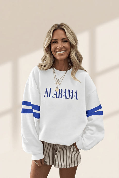 Women's White Alabama Varsity Striped Crew Neck Sweatshirt