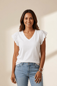 Women's White Eyelet Flutter Sleeve V-Neck Cotton Tee