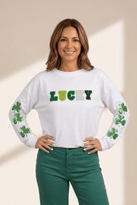 Women's White Long Sleeve LUCKY Top with Sequin Clovers
