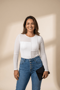 
Women's White Mesh Panel Long Sleeve Bodysuit with Patchwork