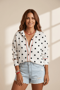 Women's White Polka Dot Viscose Blouse with Red Contrast Piping