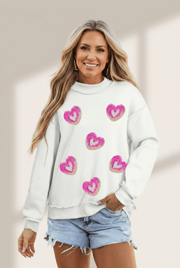 Women's White Reversible Sequin Heart Mock Neck Sweatshirt