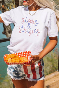 White Rhinestone Stars & Stripes Patriotic Slogan T Shirt