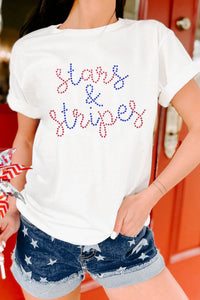 White Rhinestone Stars & Stripes Patriotic Slogan T Shirt