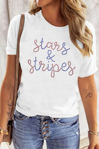 White Rhinestone Stars & Stripes Patriotic Slogan T Shirt
