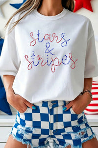 White Rhinestone Stars & Stripes Patriotic Slogan T Shirt