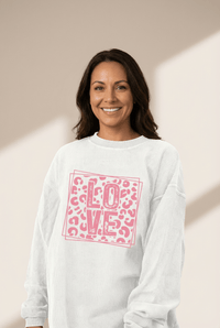 Women's White Ribbed Leopard Print LOVE Graphic Sweatshirt