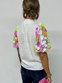 White Sequin Embellished Smocked Collar Puff Sleeve Textured Top