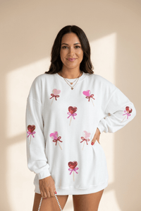Women's White Sequin Heart Lollipop Ribbed Sweatshirt