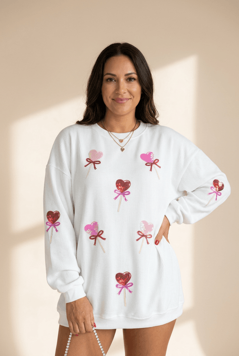 Women's White Sequin Heart Lollipop Ribbed Sweatshirt