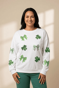 
Women's White Sequin Shamrock and Bow Long Sleeve Tee