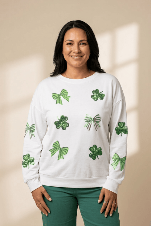 Women's White Sequin Shamrock and Bow Long Sleeve Tee