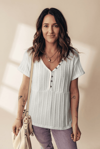 Women's White Textured V-Neck Henley Tee with Button Detail