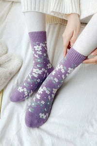 Women's Wisteria Floral Mid-Calf Socks for Women – Retro Ribbed Style, Cozy Fit, Ideal for Casual Everyday Outfits