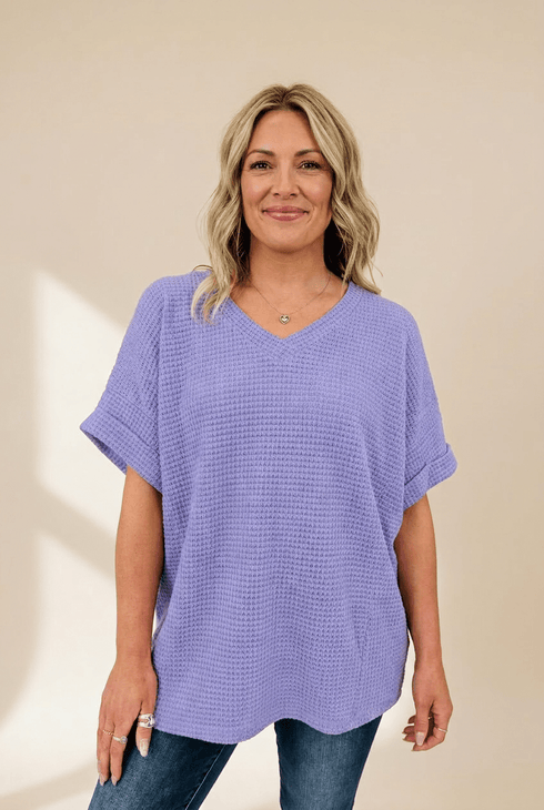 Women's Wisteria Purple V-Neck Waffle Knit Top with Cuffed Sleeves