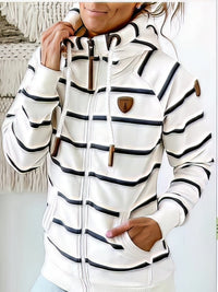 Women's Coffee Striped Leather Zip Hoodie with Functional Pockets