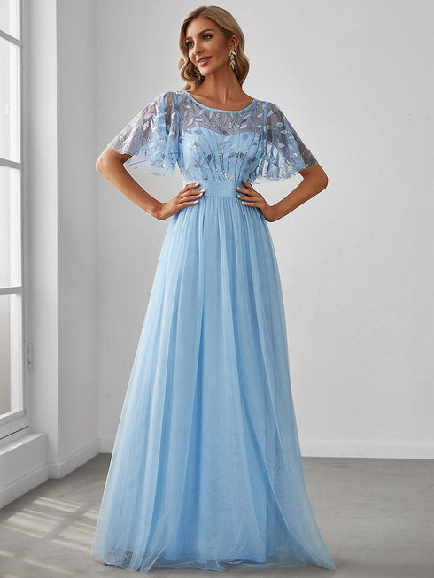 Women's Elegant Embroidered A-Line Floor Length Evening Dress