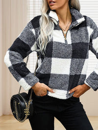 Women'S Fashion Plaid Printed Zip-Up Plush Sweatshirt For Ladies