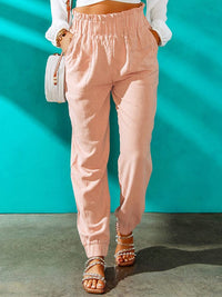Women'S High Waist Pink Ruffle Pocket Straight Leg Pants