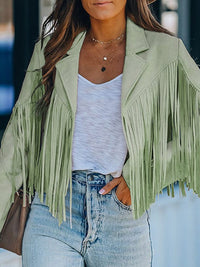 Women's Loose Suede Jacket with Tassel Lapel and Bat Sleeves