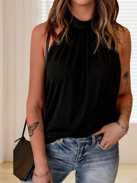 Tops Loose Round Neck Pleated Sleeveless Tank Top