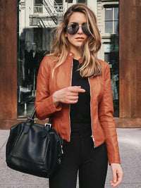 Women's Pink and Navy Faux Leather Moto Jacket with Zipper