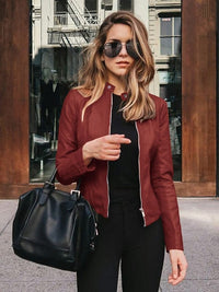 Women's Pink and Navy Faux Leather Moto Jacket with Zipper