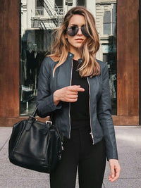 Women's Pink and Navy Faux Leather Moto Jacket with Zipper