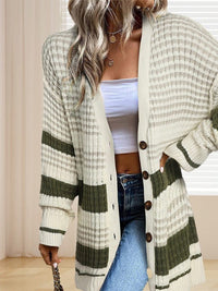 Women'S Striped Mid-Length Knit Cardigan In Contrast Colors