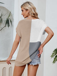 Women's V Neck Dolman Sweater, Short Sleeve Tunic Pullover Top, Lightweight Knit Sweater Blouse