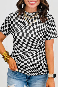 Women's Checkered Mesh Mock Neck T-Shirt in Black and White
