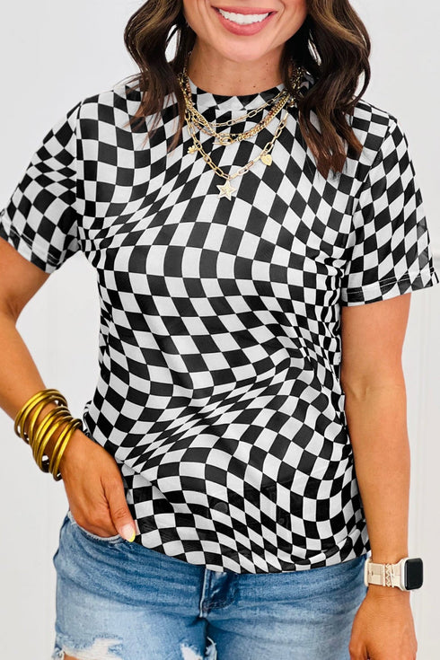 Women's Checkered Mesh Mock Turtleneck T-Shirt in Black and White