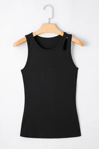 Black Solid Color Ribbed Keyhole Detail Casual Tank Top