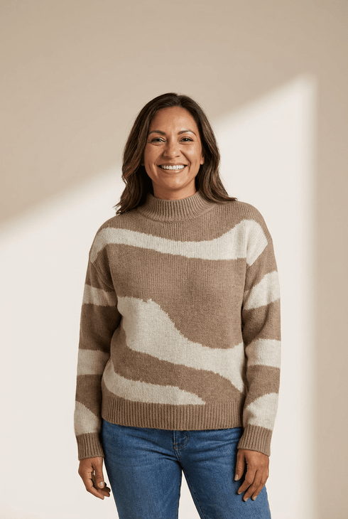 Women's Abstract Colorblock Mock Neck Sweater in Dark Khaki