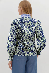 Green Floral Print Frilled Striped Trim Button Down Smocked Cuffs Long Sleeve Shirt