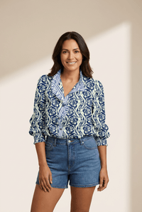 Women's Abstract Floral Cotton Blouse with Striped Ruffle Trim